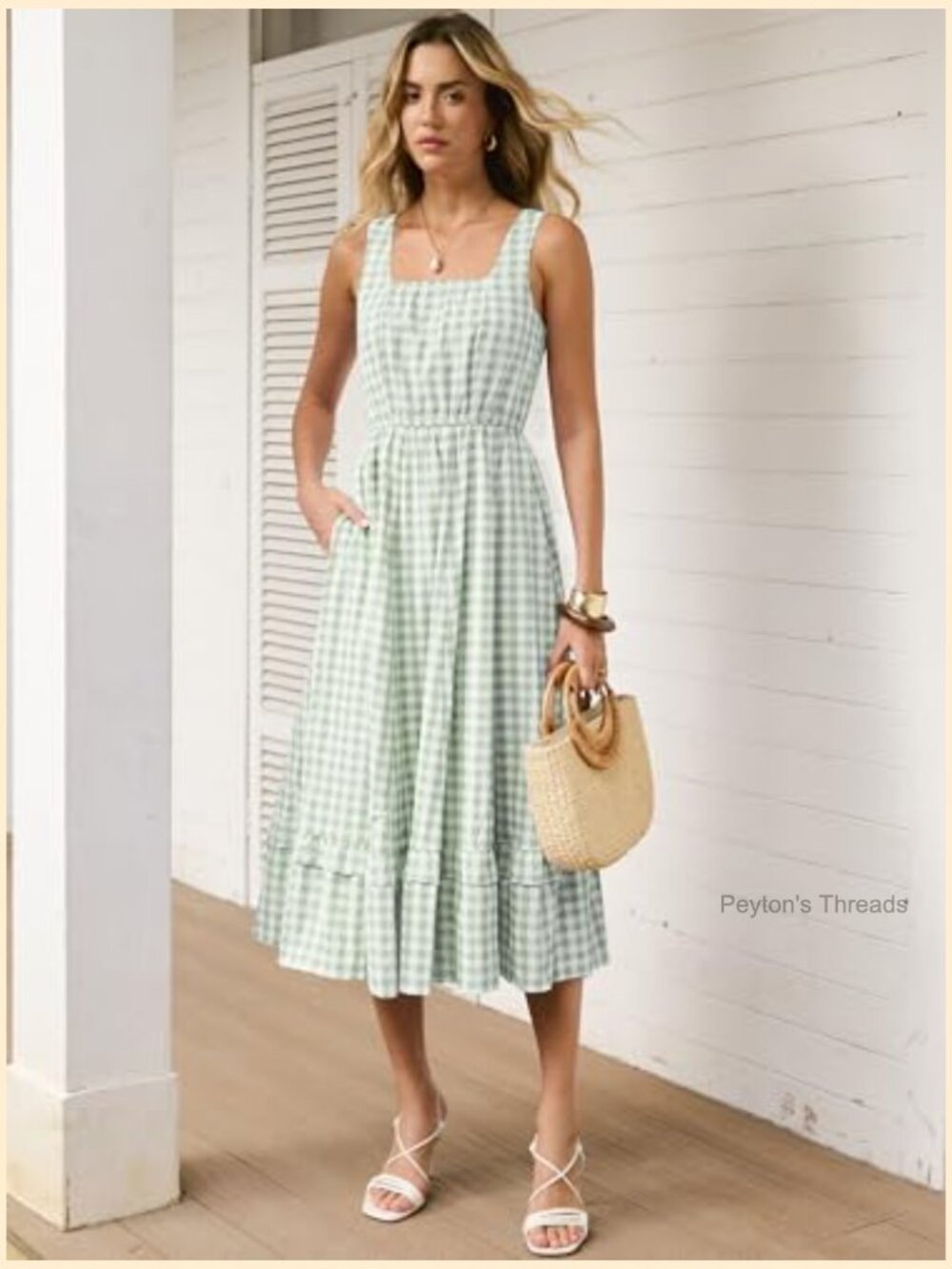 Womens Summer Casual Gingham Plaid Midi Dress Sleeveless Square Neck Flowy with - Picture 2 of 7